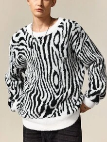 ROMWE MEN Street Life Jersey de cuello redondo casual con estampado de cebra para hombre, otoño/invierno - Blanco y Negro - Ver 5