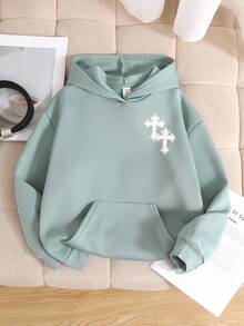 SHEIN 少女宽松卫衣，口袋设计，百搭休闲日常穿着，十字印花，舒适保暖内衬，秋冬必备女童装 - 霧霾藍 - 查看 1