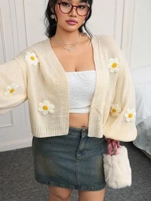 CovetEZ Plus Size Women Floral Decor Drop Shoulder Long Sleeve Cardigan In Fall/Winter - Apricot - View 5