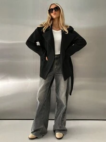 Aloruh Áo khoác ngoài rộng rãi cổ bẻ màu kaki dày dành cho nữ, phù hợp cho mùa thu/đông, trang phục ấm áp cho mùa thu và mùa đông dành cho nữ - màu đen - Xem 6