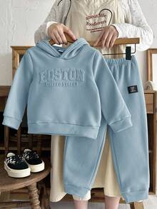 2pcs/Set Young Boy Casual Korean Style Loose Fit Letter Graphic Hoodie Sweatshirt And Elastic Waist Pants Set, Suitable For Autumn, Spring, Outdoor Play, School, Street Style, Party And Leisure,Thanksgiving,Christmas,Winter,Winter Clothes,Cozy Fall & Winter Styles,Hoodie - Baby Blue - View 3
