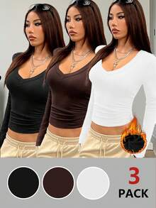 Coolane 女士冬季街头服饰复古基本款保暖/寒冷天气/保暖舒适白色、黑色、棕色长袖 T 恤/三件套 - 彩色 - 查看 8