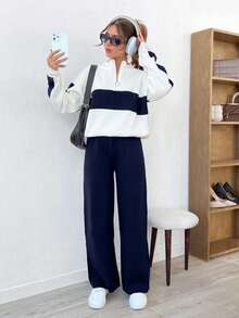 EURMUSE Women Half Zip Black Stripes Detailed Sweater And Sweater Pant 2 Pieces Set Co-Ords - Navy Blue - View 1