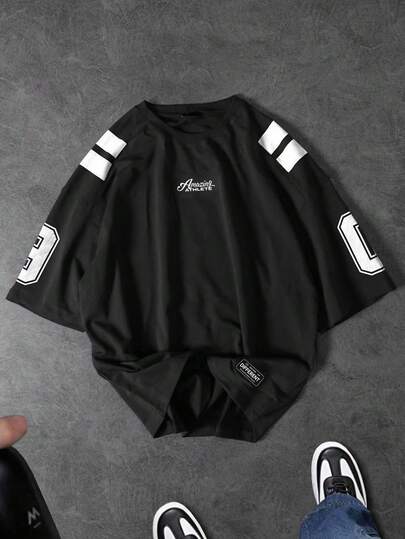 Sport MetroGents 男士撞色圆领插肩袖短袖休闲数字图案时尚夏季运动T恤