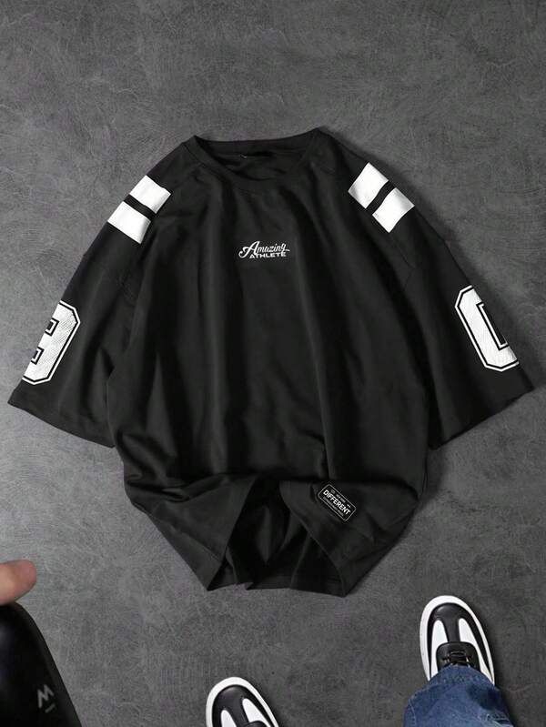 Sport MetroGents T-shirt décontracté d'été pour hommes à manches raglan, col rond, à motif numérique, avec couleurs contrastées