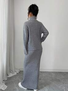 Elenzga 2 件套女士经典罗纹休闲针织毛衣套装，秋冬 - 灰色 - 查看 2