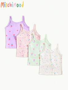 4件套女童可爱花卉、心形和星星印花吊带背心内衣套装