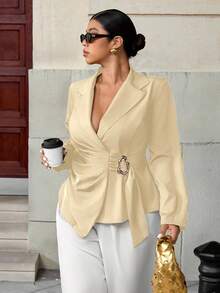 SHEIN Elenzya Fashionable Casual Waist-Cinched Elegant Commuter Asymmetric Golden Button Blazer - Apricot - View 4