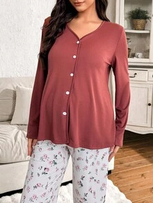 Moonlight&Mama Zestaw piżamowy Moonlight & Mama dla kobiet w ciąży, jednokolorowy, dzianinowy, z długim rękawem i spodniami, z drobnymi kwiatowymi spodniami, odzież nocna, jesienne ubrania, zestawy piżamowe dla kobiet z długim rękawem, zimowe - Wielokolorowe - Zobacz 4