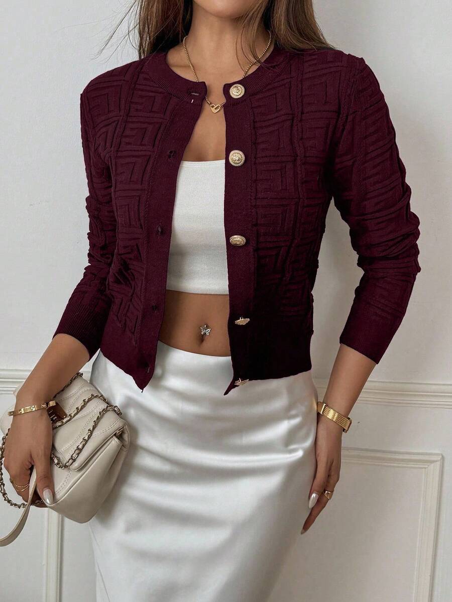 SHEIN PETITE 女士休闲金属单排扣圆领长袖针织开衫，秋冬 - 中紫紅色 - 查看 1