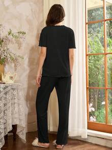 Côtesoire 女士纯色针织罗纹蝴蝶结装饰休闲睡衣套装 - 黑色 - 查看 2