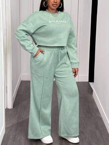 Slaydiva 秋冬新款休闲街头运动日常穿搭简约基础款圆领落肩宽松短款长袖毛衣上衣 + 阔腿直筒口袋裤 - 綠色 - 查看 11