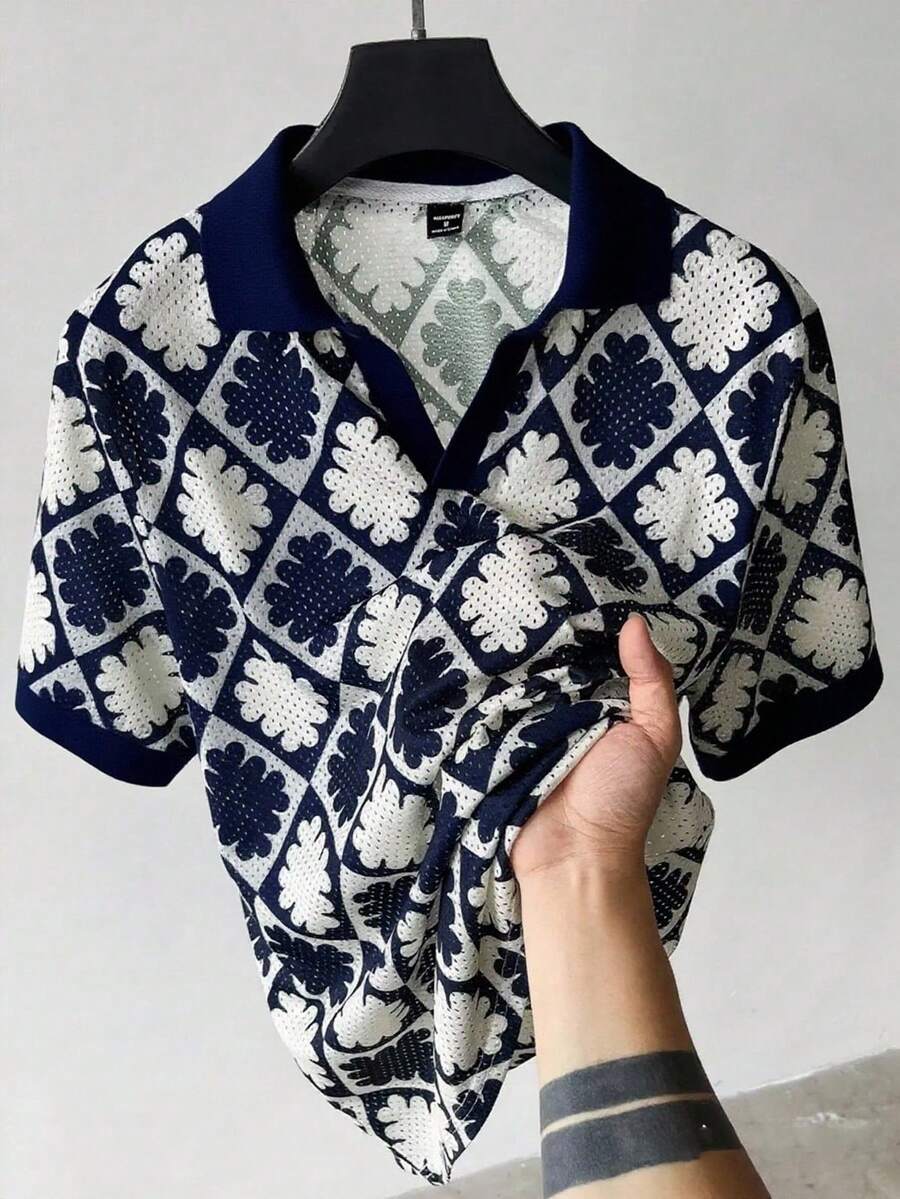 Manfinity RSRT Men's Casual Geometric All-Over Print Short Sleeve Polo Shirt, Summer - Navy Blue - View 1