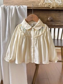 Vintaside Kids Áo dài tay cổ thêu hoa dễ thương cho bé gái, thích hợp cho mùa xuân, hè, thu - Màu be - Xem 1