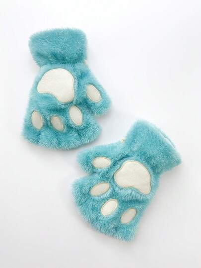 Kawaii 1 Pair Plush Cat Paw Fingerless Gloves, Suitable For Daily Wear