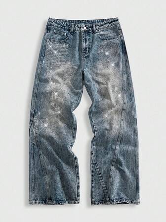Street Life Jeans de moda para hombres con lavado desgastado y adornos de rhinestones