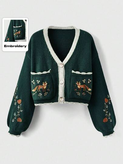 Fairycore Cárdigan casual de mujer con bordado de zorro y botones delanteros, para otoño/invierno