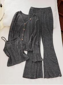 3 件套女童罗纹吊带背心、长袖上衣和裤子休闲家居服套装，灰色 - 灰色 - 查看 1