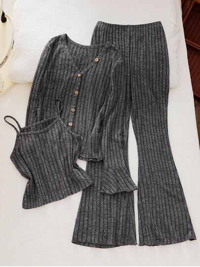 3 件套女童罗纹吊带背心、长袖上衣和裤子休闲家居服套装，灰色