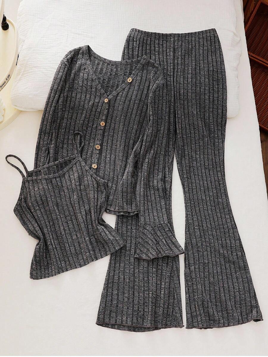 3 件套女童罗纹吊带背心、长袖上衣和裤子休闲家居服套装，灰色 - 灰色 - 查看 1