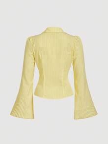 SHEIN MOD Camisa de mujer talla grande con mangas acampanadas, cintura ceñida y rayas amarillas y blancas