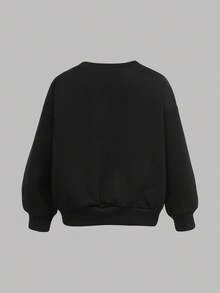 SHEIN 年轻女孩纯黑色/秋冬/针织休闲宽松心形印花运动衫和喇叭裤两件套运动衫套装 - 黑色 - 查看 5