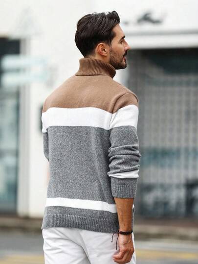 Manfinity Mode Pull col roulé casual à manches longues en tricot torsadé bicolore, automne/hiver