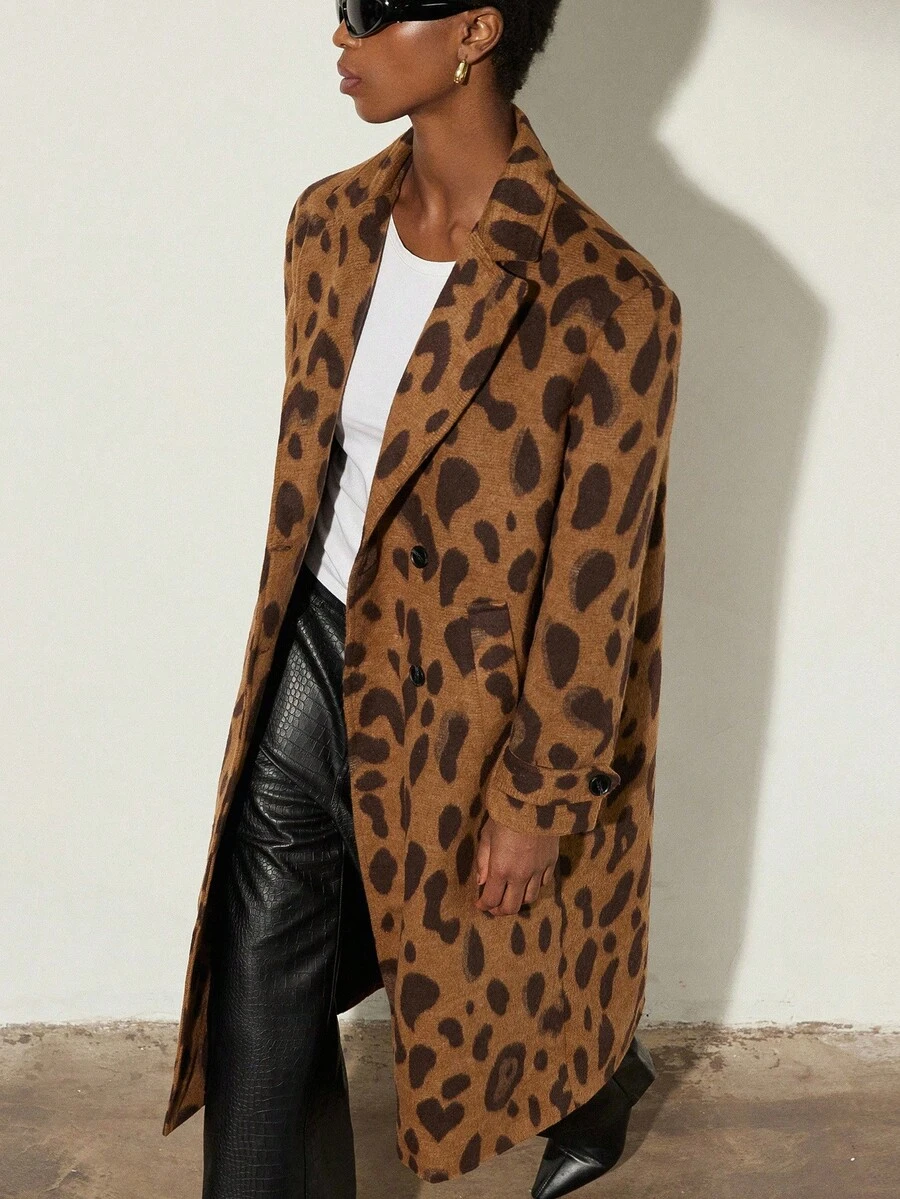 Aveloria Modichic Random Leopard Print Classic Lapel Long Coat, European And American Style