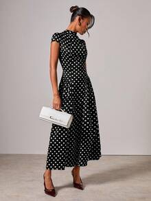 COSMINA 女式休闲波尔卡圆点印花A字连衣裙，夏季 - 黑色 - 查看 5
