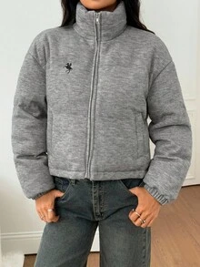 SHEIN PETITE 女士升级款灰色纯色拉链休闲针织外套，适合秋冬季、感恩节、居家和户外活动穿着。 - 灰色 - 查看 7