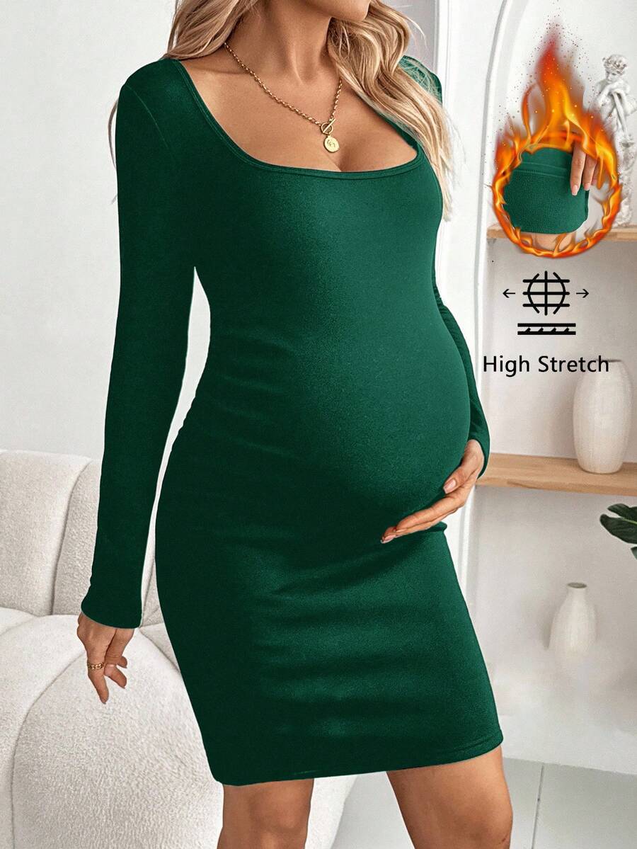 SHEIN 孕妇休闲纯色修身连衣裙,百搭秋冬装 - 墨綠色 - 查看 1