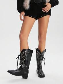 Styleloop Bốt cao đến đầu gối, mũi tròn, da lộn màu đen, khóa kéo bên hông, đa năng, phù hợp đi làm hàng ngày - màu đen - Xem 5