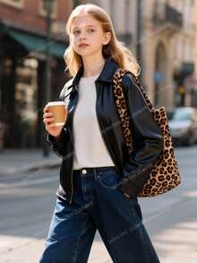 Girls' Turndown Collar Zipper Casual Cool Jacket, Suitable For Outings, Vacations, And Back To School Fall Winter - Black - View 1