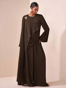 Zivah 2025年新款早秋 秋冬休闲度假 日常约会 海滩度假 生日派对 小型派对 网红爆款 悠闲风 圆领 斜下摆 长袖 喇叭袖口 拼布装饰 金属扣装饰 宽松长款上衣+阔腿裤 超长裤 侧口袋 棕色纹理面料 女士两件套-A - 棕色 - 查看 3