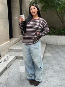 Dazy Plus 条纹撞色宽松圆领长袖加大码女式休闲T恤 - 酒紅色 - 查看 5