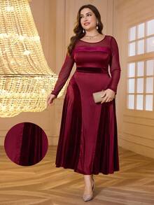 Modelyn Plus Size Patchwork Velvet Long Dress, Round Neck Loose & Slimming Fit, New Style For Autumn/Winter Burgundy Women Outfit Long Evening Dresses - Burgundy - View 1