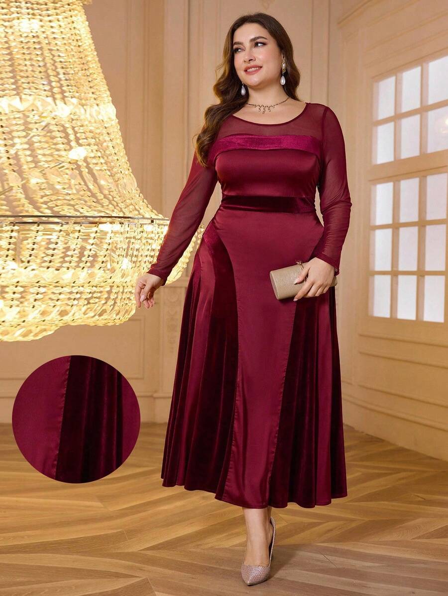 Modelyn Plus Size Patchwork Velvet Long Dress, Round Neck Loose & Slimming Fit, New Style For Autumn/Winter Burgundy Women Outfit Long Evening Dresses - Burgundy - View 1