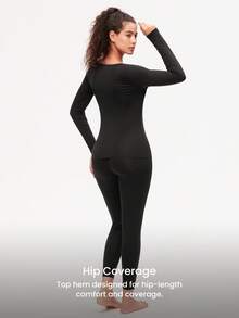 LUVLETTE 女士保暖内衣超柔软底层寒冷天气温暖冬季睡衣套装 V 领上衣和长裤 - 黑色轻盈保暖套装 - 黑色 - 查看 3