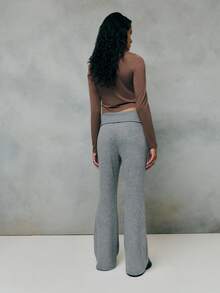 TypaGal Soft Knit Grey Autumn Casual Loungewear Pants With Wide Rollover Waistband,Clean Flared Leg,Cozy Streetwear Vibes For Layering - Brown - View 5