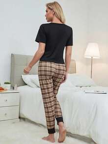 Letter Graphic Print Top And Plaid Trousers PJ Set - Multicolor - View 2