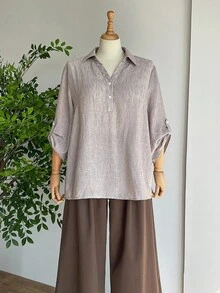 SHEIN LUNE 大码豹纹中袖衬衫 长袖上衣 女士冬季 秋季 外出上衣 女士休闲衬衫 商务休闲装 工作装 教师装 社交衬衫 秋季女士休闲衬衫 - 灰色 - 查看 5