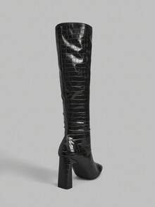 Ontre Botas altas hasta el muslo de punta cuadrada, estilo europeo y americano - Negro - Ver 3