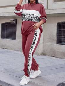 EURMUSE Cotton Plus Leopard Print Colorblock Drop Shoulder Sweatshirt & Sweatpants - Violet Purple - View 5