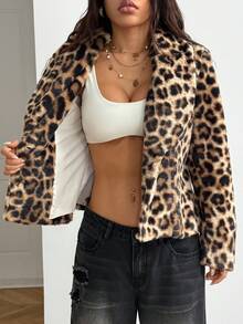 StreetHx Retro Chic Leopard Print Lapel Casual Short Faux Fur Jacket - Multicolor - View 3