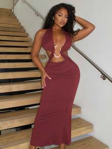 Alexandranx 女士性感金属装饰露背吊带连衣裙 - 酒紅色 - 查看 6