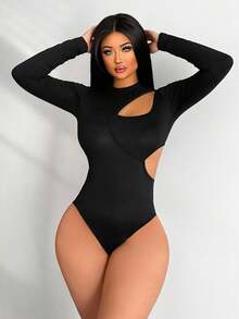 SHEIN Foxxy 純色中空長袖連體服 - 黑色 - 查看 4