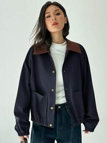 Aloruh 女士休闲通勤撞色领子拼布口袋单排扣开衫，秋季 - 寶藍色 - 查看 4