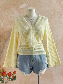 Soleia Camiseta con volantes y cuello de lentejuelas para mujer de talla grande, adecuada para fiestas y vacaciones - Amarillo claro - Ver 8