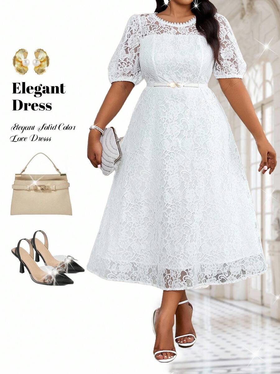 Fleurora 春夏优雅通勤办公室派对情人节鸡尾酒会演唱会/音乐节白色针织蕾丝圆领喇叭泡泡袖荷叶边领中长短袖大码连衣裙大码女式圆领泡泡袖蕾丝优雅连衣裙女士连衣裙优雅优雅女士连衣裙白色连衣裙优雅优雅的新娘母亲婚礼礼服女士优雅服装优雅连衣裙优雅连衣裙 - 白色 - 查看 1