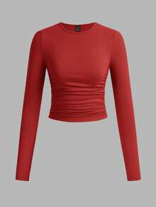 SHEIN EZwear 3pcs/Set Women's Casual Solid Color Crew Neck Ruched Long Sleeve T-Shirts, Autumn/Winter - Multicolor - View 3